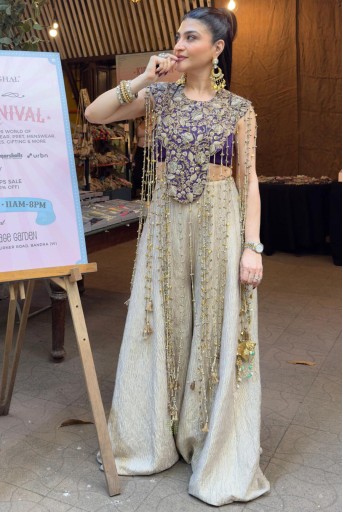 PS-CS0067-F Purple Georgette Embroidered Bib Yoke With Bustier And Gold Crush Tissue Sharara