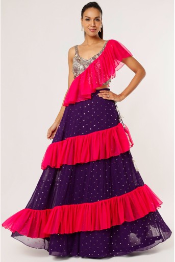PS-LH0073-C  Purple Georgette Embroidered Choli And Mukaish Georgette Lehenga With Attached Hot Pink Soft Net Frills