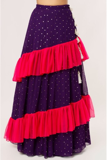 PS-LH0073-C  Purple Georgette Embroidered Choli And Mukaish Georgette Lehenga With Attached Hot Pink Soft Net Frills