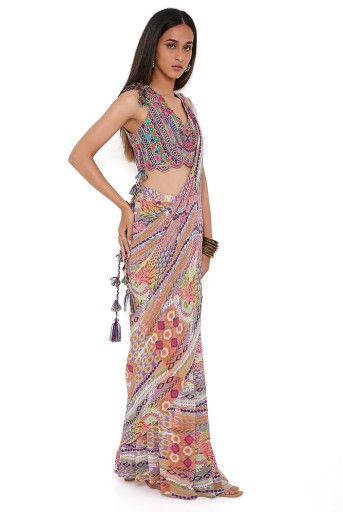 PS-SR0025-D  Purple Georgette Embroidered Choli With African Print Georgette Pre-Stitched Saree