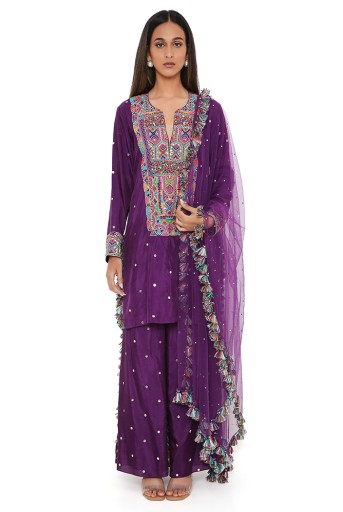 PS-KP0129-A  Purple Mukaish Silk Embroidered Kurta And Palazzo With Net Mukaish Dupatta