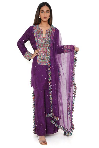PS-KP0129-A  Purple Mukaish Silk Embroidered Kurta And Palazzo With Net Mukaish Dupatta