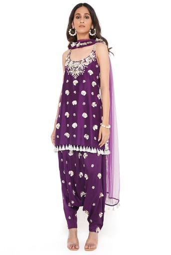 PS-KL0009  Purple Silk Embroidered Kurta With Low Crotch Pants And Plain Net Dupatta with Tassels