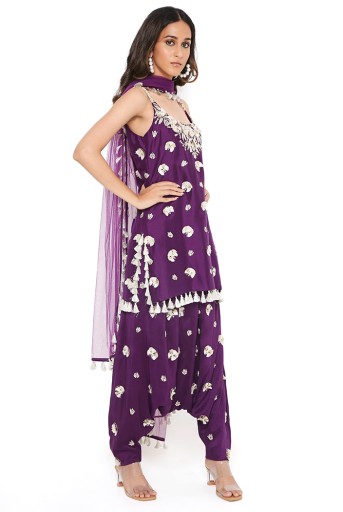 PS-KL0009  Purple Silk Embroidered Kurta With Low Crotch Pants And Plain Net Dupatta with Tassels