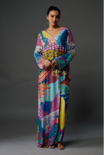 PS-KP0215-G  Purple Tropical Print Crepe Embroidered Kurta With Cropped Palazzo