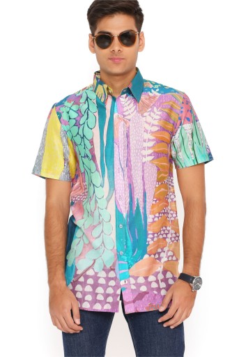 PS-MN366-H Purple Tropical Print Silkmul Shirt