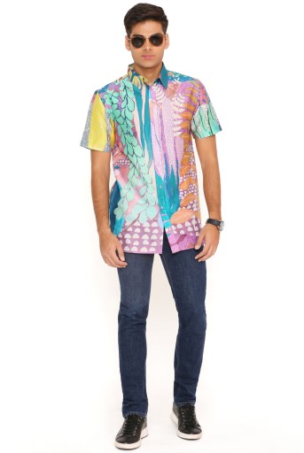 PS-MN366-H Purple Tropical Print Silkmul Shirt
