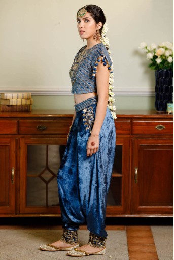 PS-TL0043  Qirat Navy Blue Embroidered Boxy Choli And Low Crotch Pant