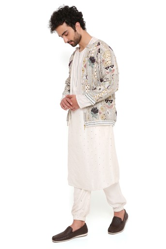 PS-MN396  Raj Off White Georgette Embroidered Bomber Jacket With Abla Silk Bomber Kurta And Jogger Pant