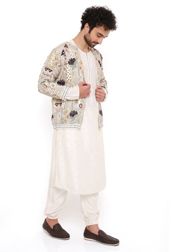 PS-MN396  Raj Off White Georgette Embroidered Bomber Jacket With Abla Silk Bomber Kurta And Jogger Pant