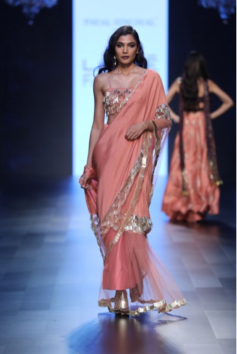 PS-FW432 Raya Coral Silk Bustier with Partial Net and Partialk Silk Saree