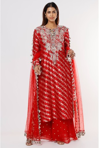 PS-KP0115-C  Red Banarasi Bandhani Silk Embroidered Kurta With Mukaish Georgette Palazzo And Mukaish Net Dupatta