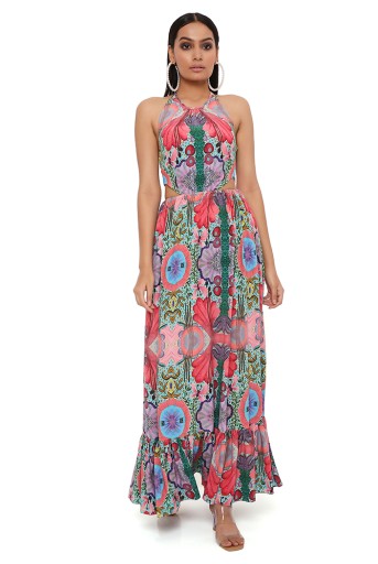 PS-DR0033-B-2 Red Enchanted Print Crepe Alter Neck Waist Cut-Out Dress