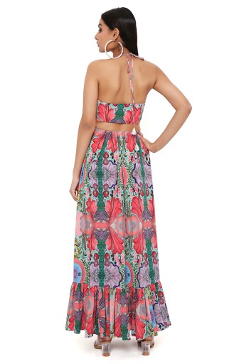 PS-DR0033-B-2 Red Enchanted Print Crepe Alter Neck Waist Cut-Out Dress