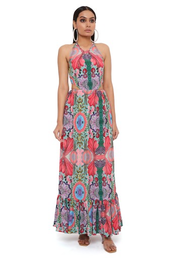 PS-DR0033-B  Red Enchanted Print Crepe Alter Neck Waist Cut-Out Dress