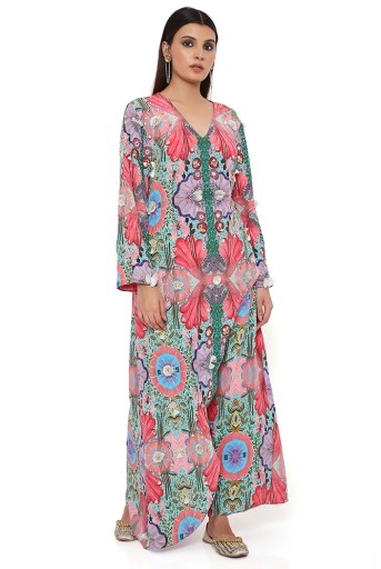 PS-KP0215-B  Red Enchanted Print Crepe Embroidered One Side Trail Kurta With Cropped Palazzo