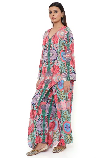 PS-KP0215-B  Red Enchanted Print Crepe Embroidered One Side Trail Kurta With Cropped Palazzo