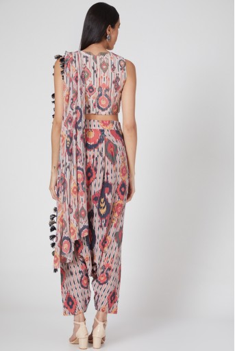 PS-FW739-C  Red Ikat Tribe Printed Crepe Top And Low Crotch Pant With Attached Art Georgette Drape