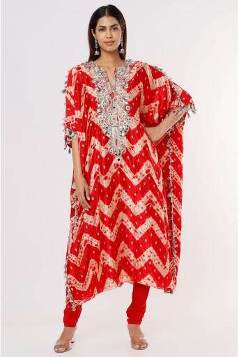 PS-KP0081-J  Red Leheriya Bandhani Silk Embroidered Kurta With Soft Net Churidar