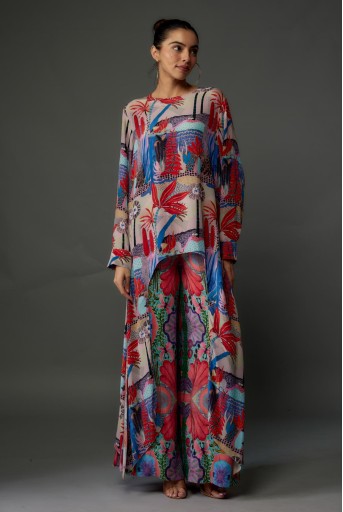 PS-TU1545-G  Red Printed Crepe Side Tale Tunic with Palazzo