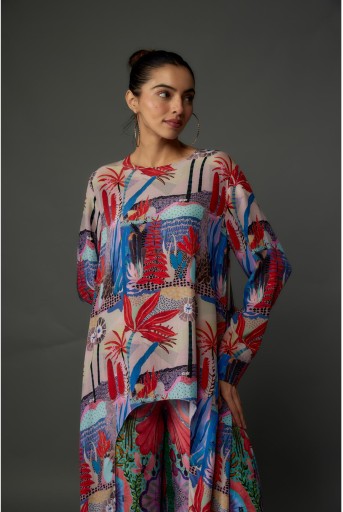 PS-TU1545-G  Red Printed Crepe Side Tale Tunic with Palazzo