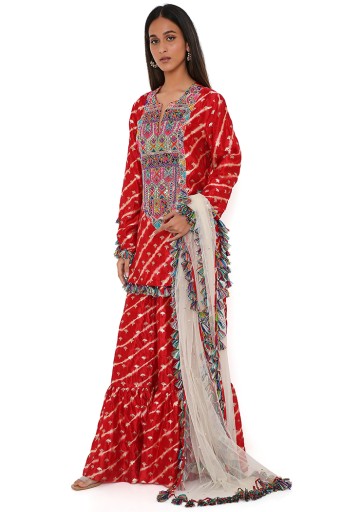 PS-KP0163-B  Red Silk Bandhani Leheriya Kurta And Sharara With Stone Mukaish Net Dupatta