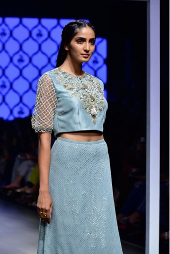 PS-FW474-1  Rehana Powder Blue Silk Choli with Mukaish Georgette Skirt and Soft Net Churidar