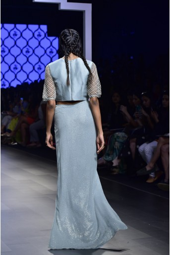 PS-FW474 Rehana Powder Blue Silk Choli with Mukaish Georgette Skirt and Soft Net Churidar