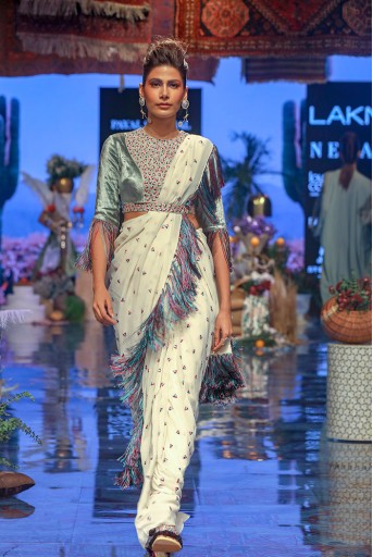 PS-FW640 Reyna Periwinkle Blue Velvet Choli with Chalk White Georgette Saree