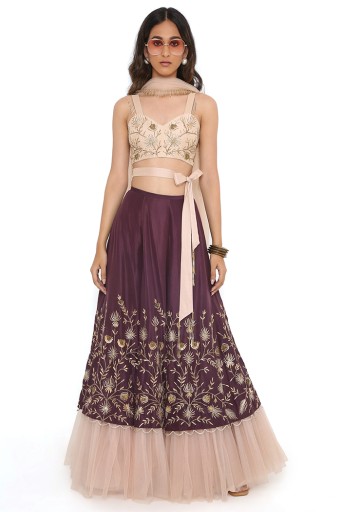 PS-ST0957-A  Rose Blush Silk Bustier And Purple Silk Deco Jaal Embroidered Lehenga And Blush Net Dupatta.