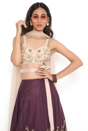 PS-ST0957-A  Rose Blush Silk Bustier And Purple Silk Deco Jaal Embroidered Lehenga And Blush Net Dupatta.