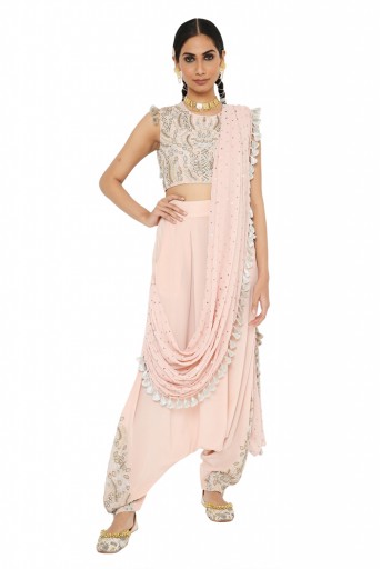 PS-TL0008 Suroor Rose Pink Colour Embroidered Choli And Dhoti With Drape