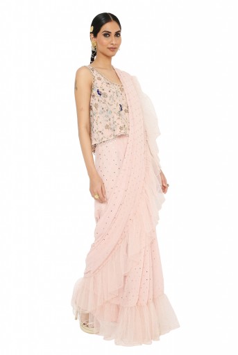 PS-SR0013 Baraa Rose Pink Colour Georgette Embroidered Choli With Pre-Stitched Saree