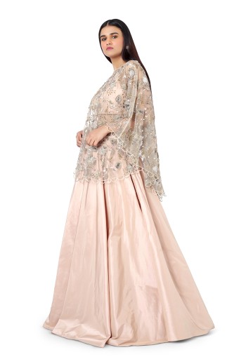 PS-ST1385  Rose Pink Colour Net Cape with Silk Bustier and Lehenga
