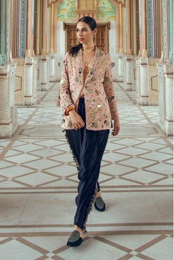 PS-FW600-D  Rose Pink Crepe Jacket with Navy Blue Velvet Low Crotch Pant