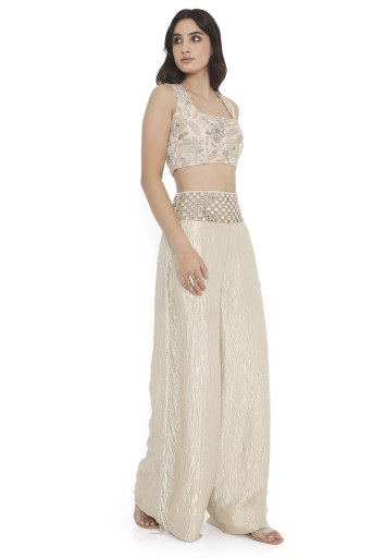 PS-CP0004-A  Rose Pink Embroidered Back Tie-Up Choli With Pant