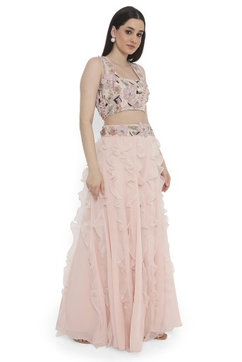 PS-CS0122-A  Rose Pink Embroidered Back Tie-Up Choli And Ruffled Sharara