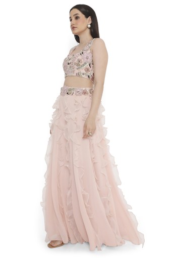 PS-CS0122-A  Rose Pink Embroidered Back Tie-Up Choli And Ruffled Sharara