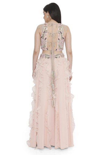 PS-CS0122-A  Rose Pink Embroidered Back Tie-Up Choli And Ruffled Sharara