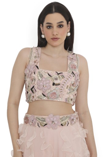 PS-CS0122-A  Rose Pink Embroidered Back Tie-Up Choli And Ruffled Sharara