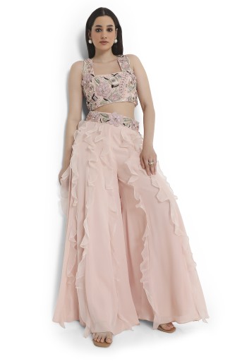 PS-CS0122-A  Rose Pink Embroidered Back Tie-Up Choli And Ruffled Sharara