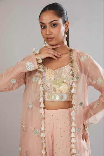 PS-JK0083-B  Rose Pink Embroidered Bustier With Embroidered Jacket And Sharara