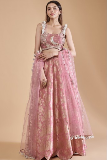 PS-LH0114-A  Rose Pink Embroidered Bustier With Lehenga And Dupatta
