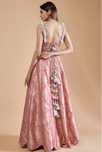 PS-LH0114-A  Rose Pink Embroidered Bustier With Lehenga And Dupatta