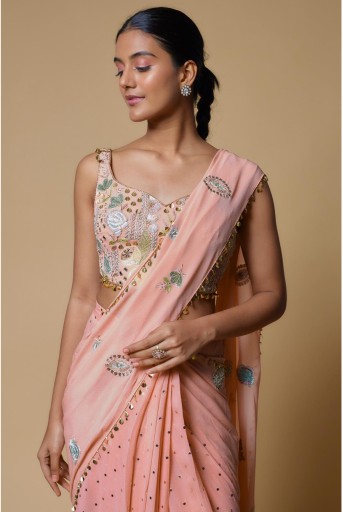 PS-SR0044-D  Rose Pink Embroidered Choli With Frill Pre-Stitched Saree