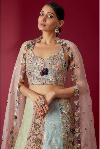 PS-LH0128-A  Rose Pink Embroidered Choli With Multi-Colour Lehenga & Rose Pink Dupatta