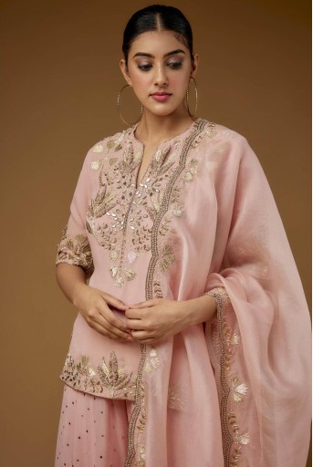 PS-KS0034-D  Rose Pink Embroidered Kurta And Sharara With Embroidered Dupatta