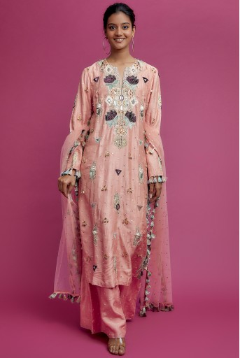 PS-KP0241-A  Rose Pink Embroidered Kurta With Palazzo And Dupatta