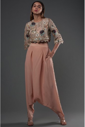 PS-TS0026-B  Rose Pink Embroidered Top With Low-Crotch Pant