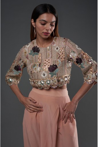 PS-TS0026-B  Rose Pink Embroidered Top With Low-Crotch Pant